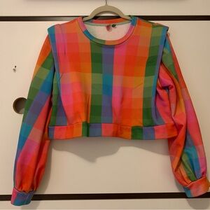 FARM Rio Made In Brazil Multicolor Plaid Cropped Sweatshirt